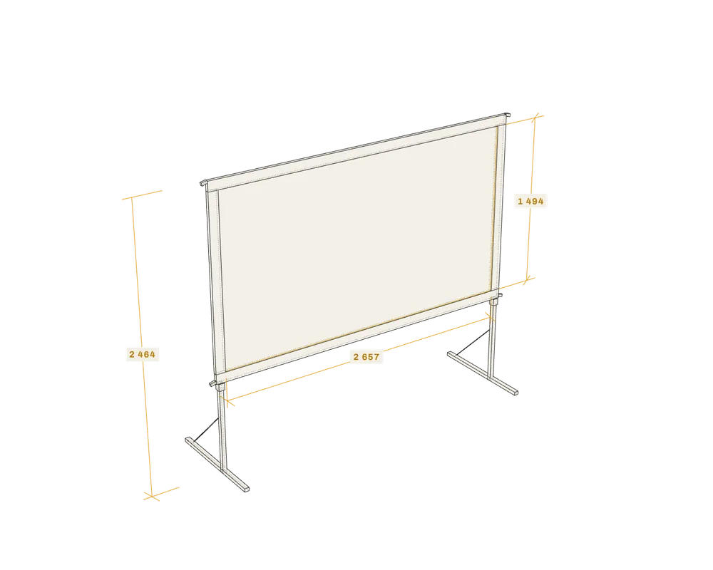 Line drawing of a 120 inch fast-fold projection screen on its legs
