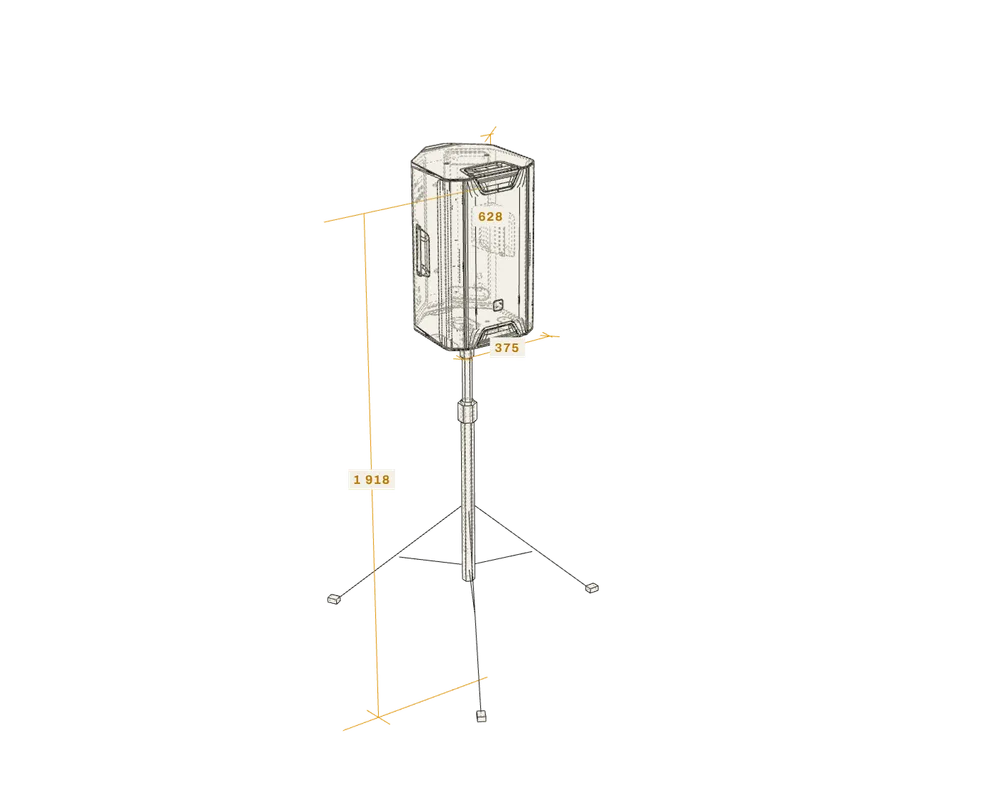 Line drawing of an LD Systems ICOA12A powered speaker on a tripod stand