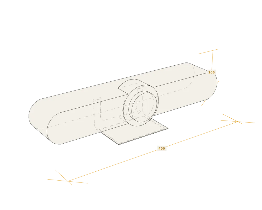 Line drawing of a Logitech MeetUp conference camera