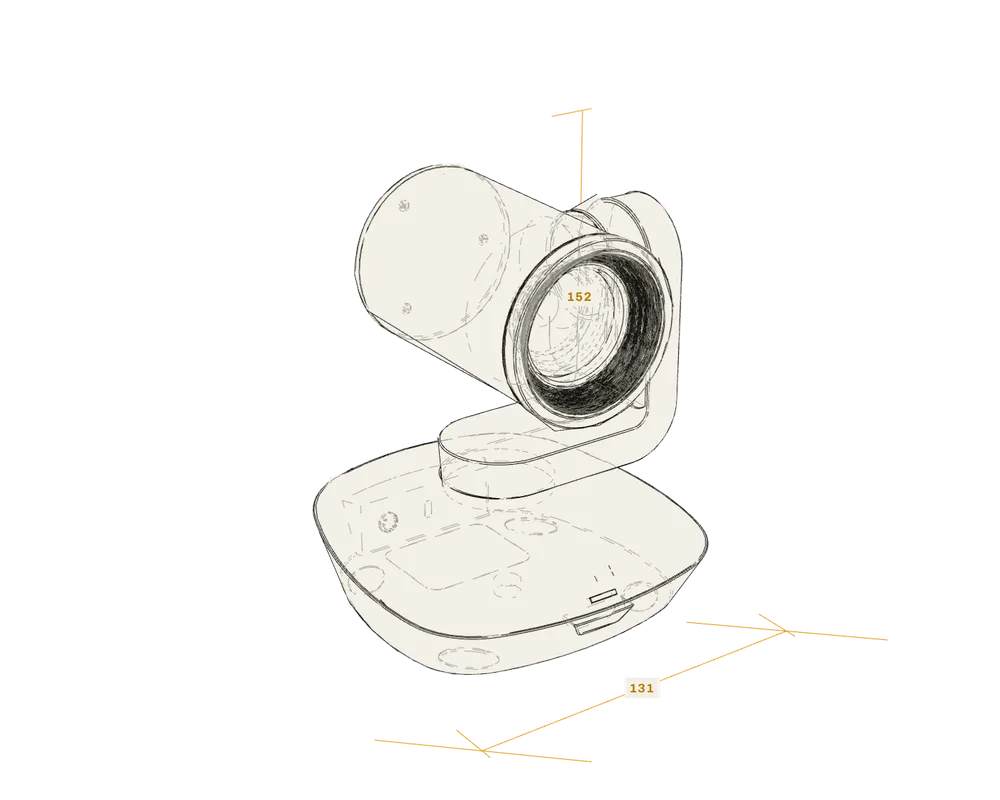 Line drawing of a Logitech PTZ Pro 2 pan-tilt-zoom camera