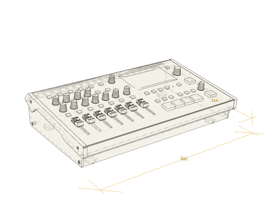 Line drawing of the Roland VR-4HD vision mixer: touch screen, audio faders, input buttons and T-bar